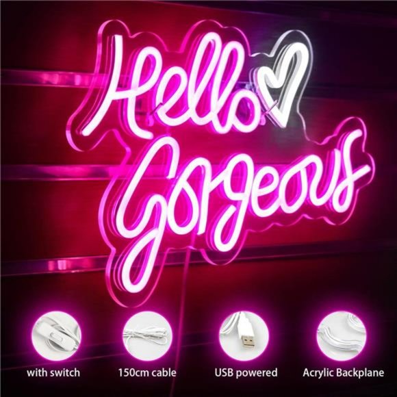 "Hello Gorgeous" Hot Pink Bright Neon LED Wall Sign for Room Decor Cute - Picture 3 of 7